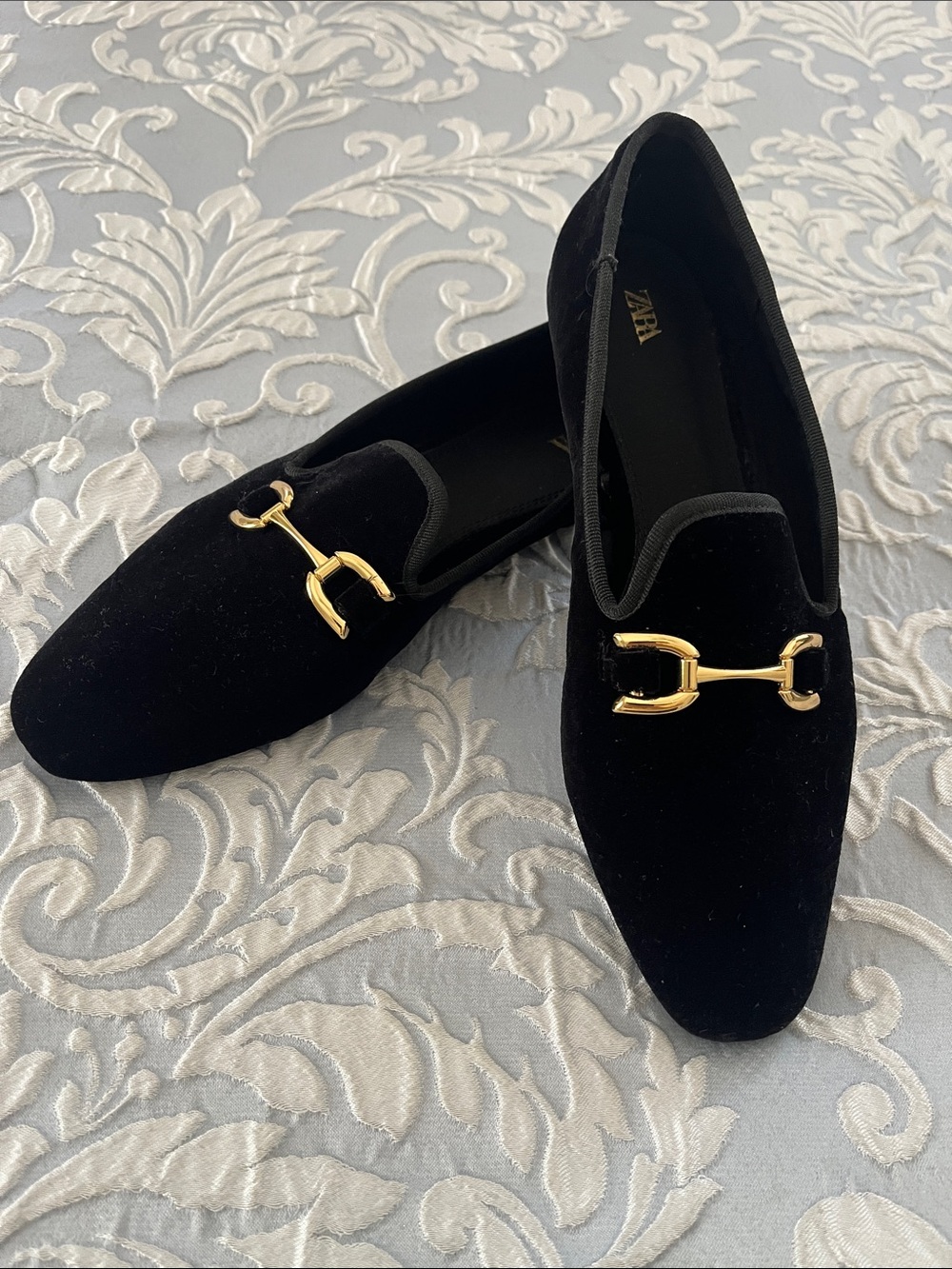 Zara Black Velvet Loafers with Gold Buckle
